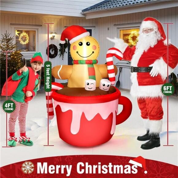 5FT Christmas Inflatable Outdoor Decoration, Gingerbread Man in Coffee Mug Blow - Picture 5 of 8